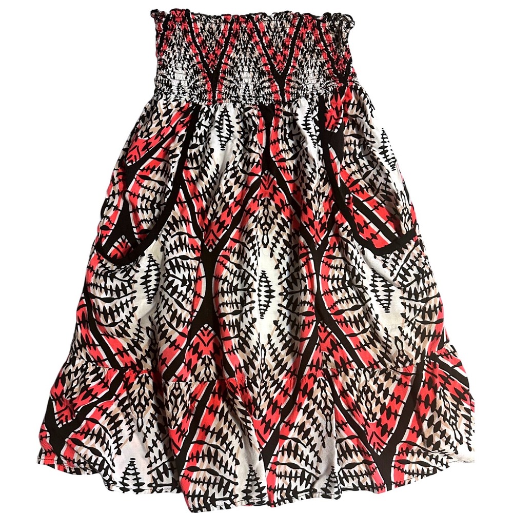 Xhilaration Tribal Print Smocked Strapless Mini Dress Skirt Coral Black White M